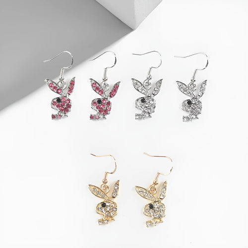 Rabbit stud earrings with diamond-cut pattern in gold, pink or silver alloy