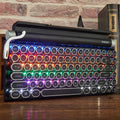 Black retro-style Bluetooth mechanical keyboard with backlight on wooden desk