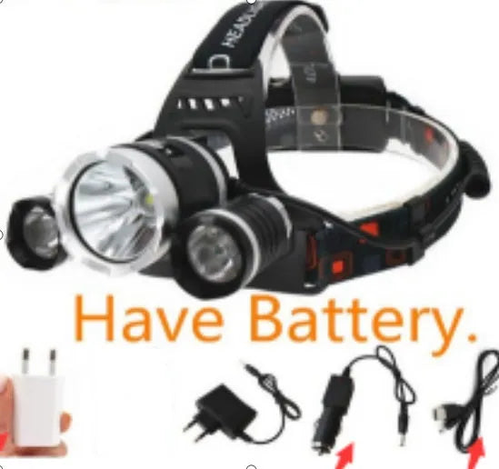Rechargeable aluminium LED head torch with adjustable headband on a black background.