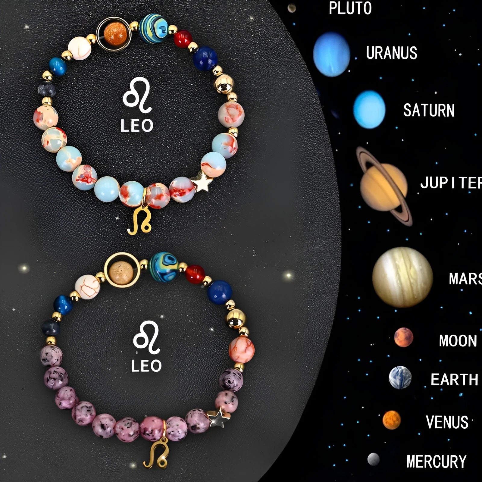 Two natural stone beaded bracelets showing zodiac sign designs for all twelve astrological symbols