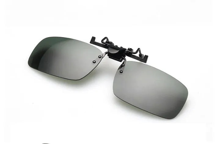 Myopia clip-on driving sunglasses with PC lenses in grey, green, and night vision options.