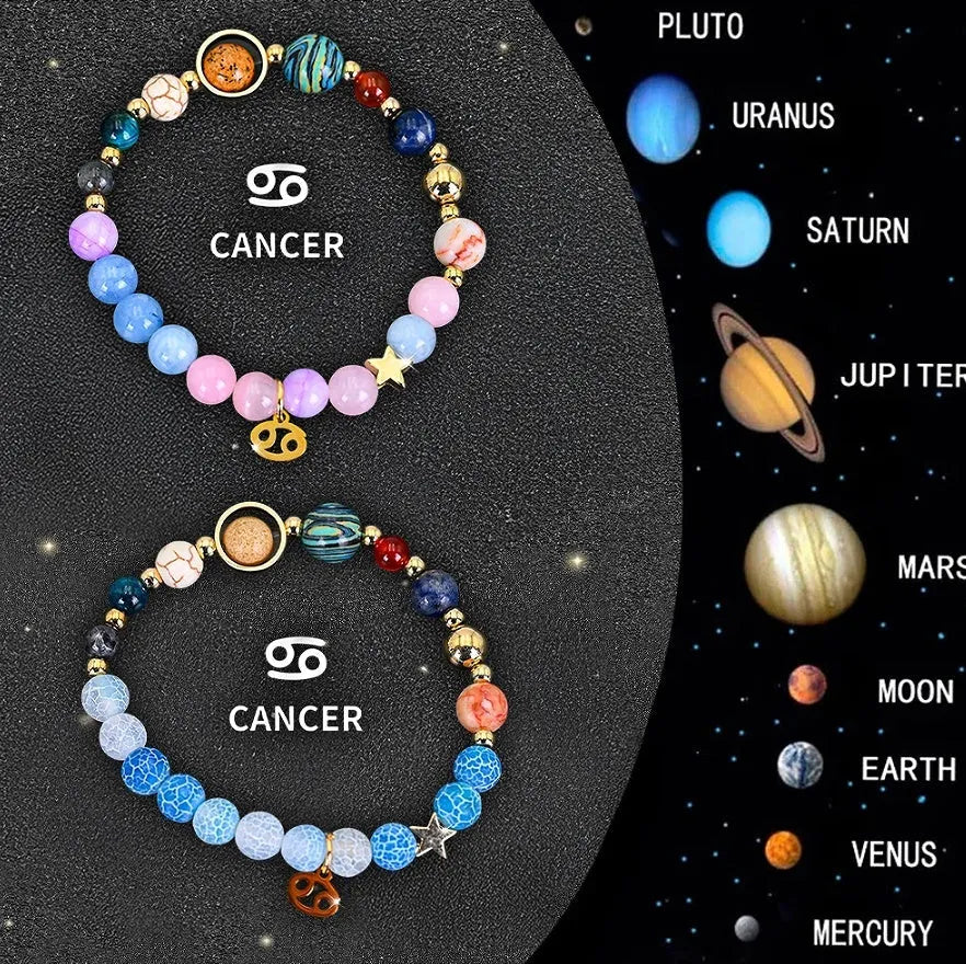 Set of two natural stone beaded bracelets with zodiac sign charms on a white background.