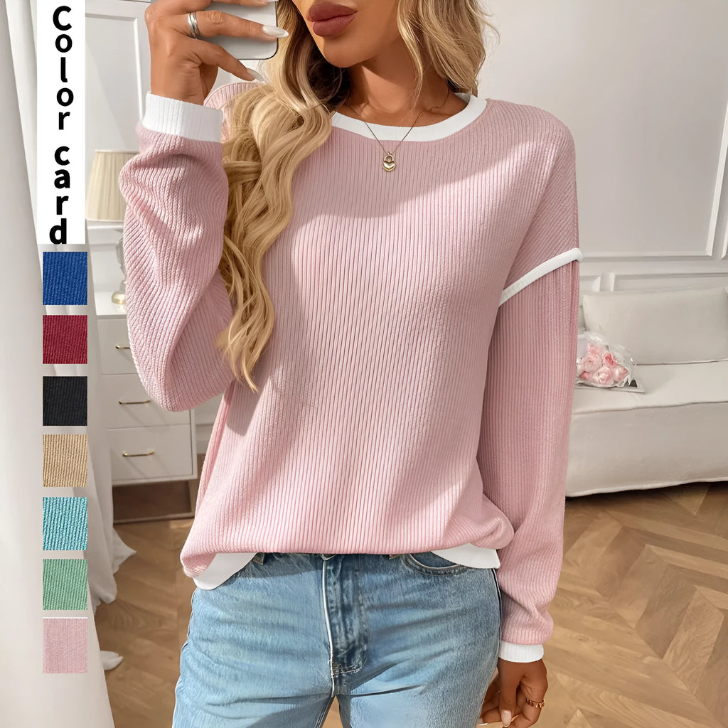 Women's round neck loose fit polyester pullover top in multiple colour options