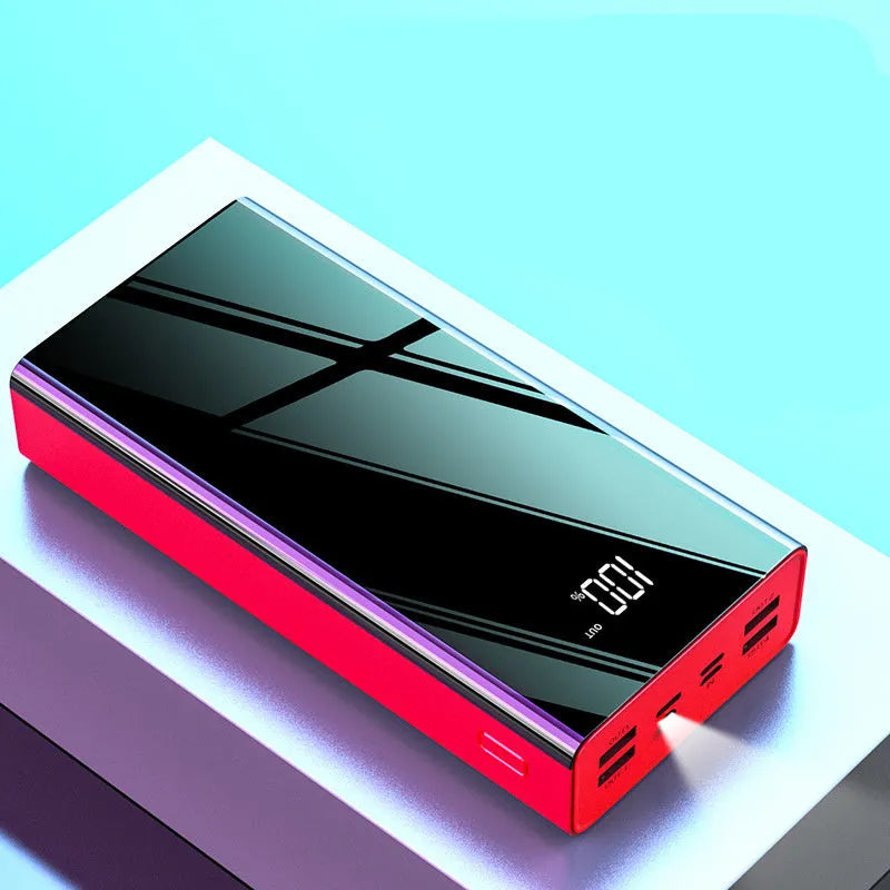 Large 40000 mAh capacity power bank with LCD display in red or black plastic case