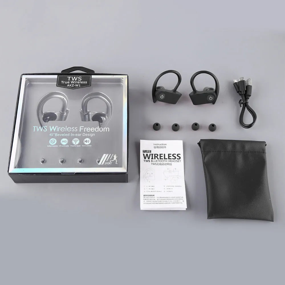Black wireless Bluetooth earphones with ergonomic in-ear design and LED indicator light.