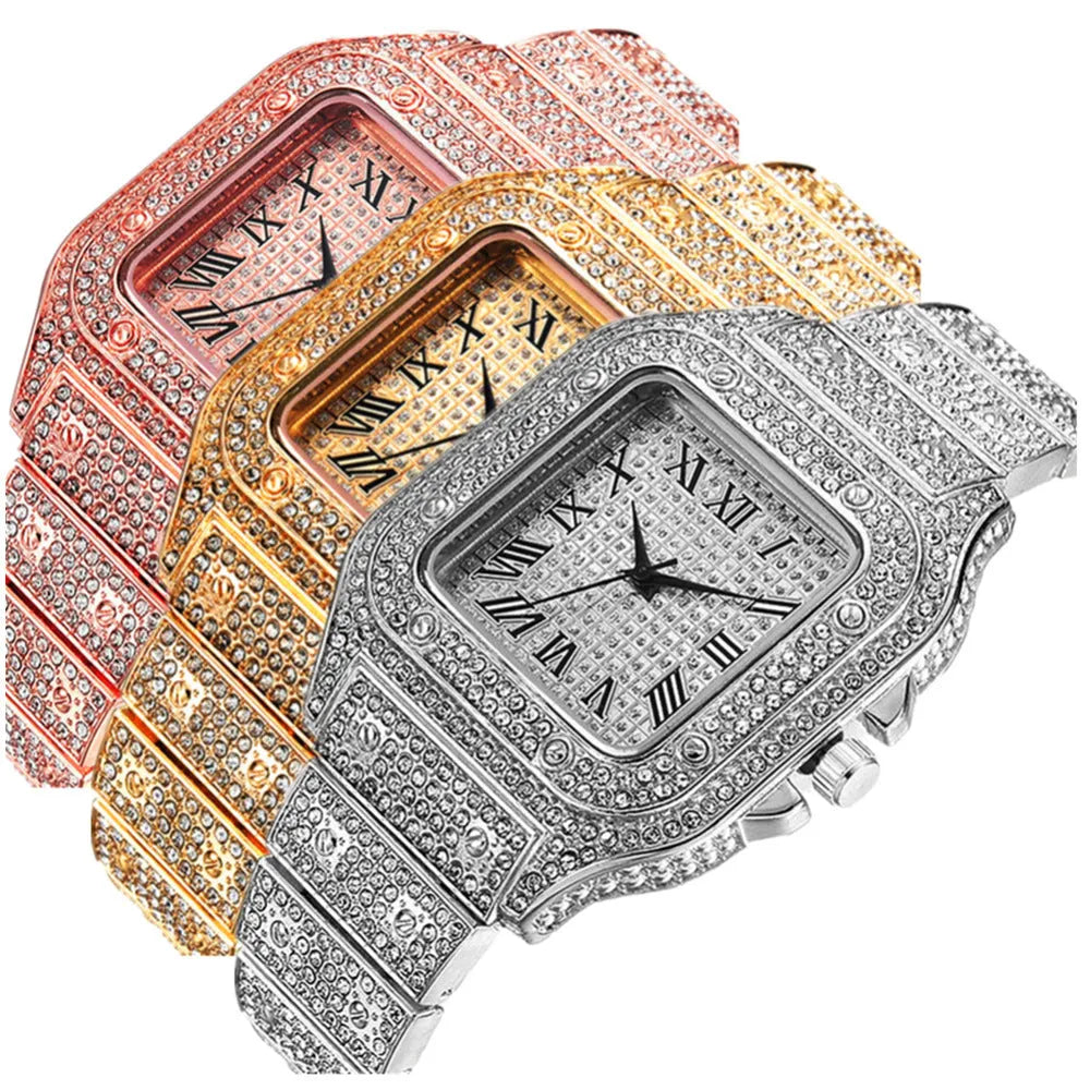 Roman grain graduation quartz watch set with square diamond dial and black mesh band with bracelet and necklace