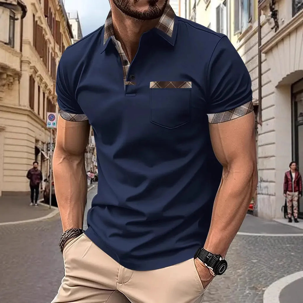 Men's loose fit colourblock plaid t-shirt with zip decorations in multiple colour options