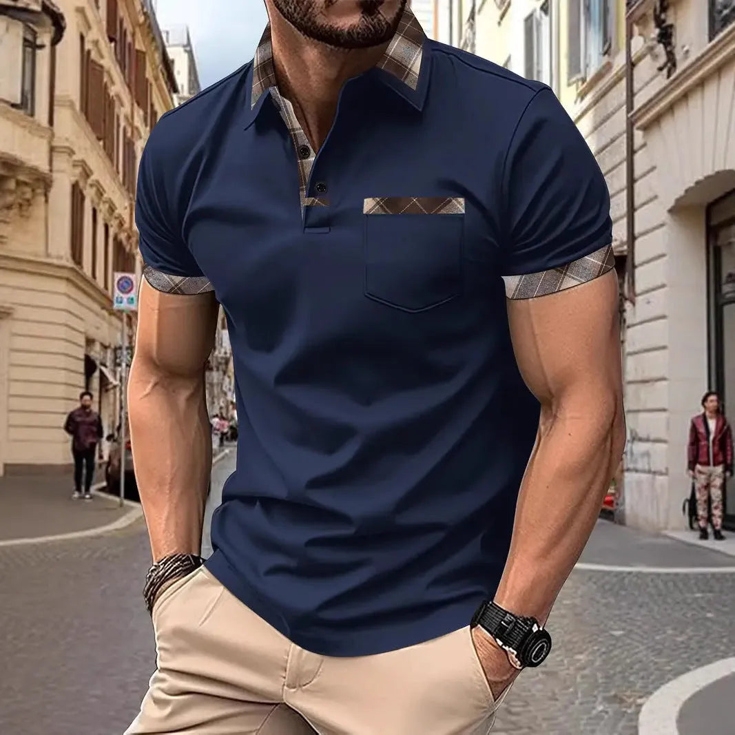 Men's loose fit colourblock plaid t-shirt with zip decorations in multiple colour options