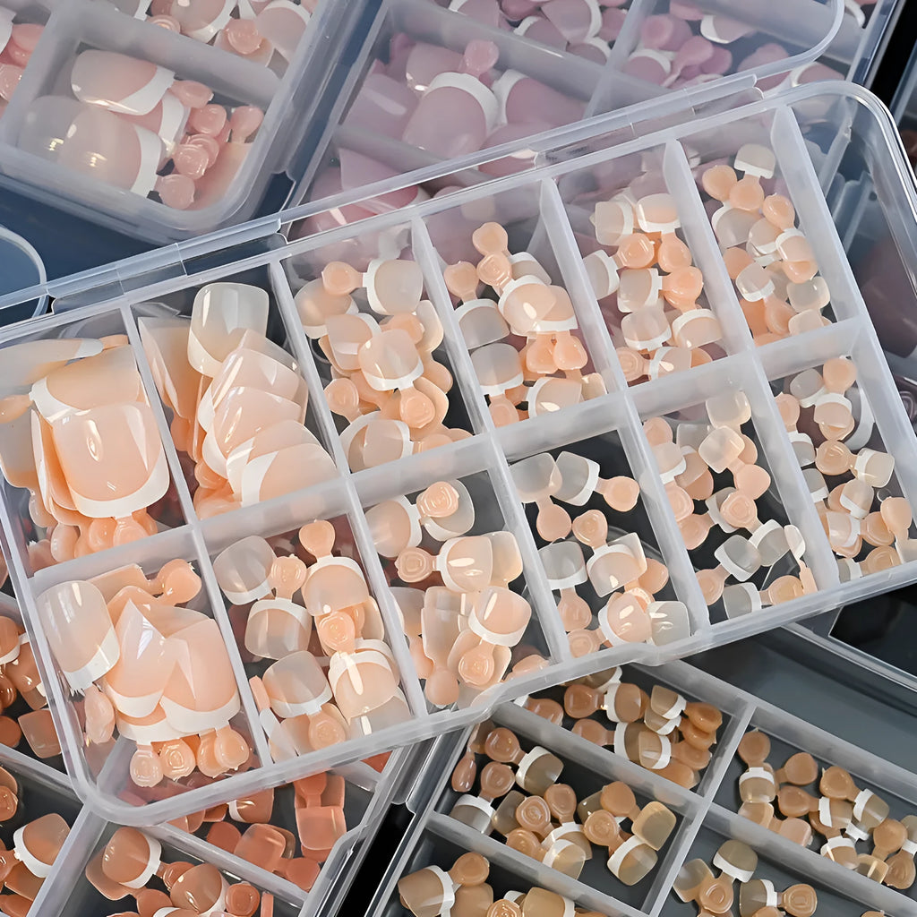 French white edge feet nude full square short artificial nail pieces 120pc boxed set showing multiple nude colour shades