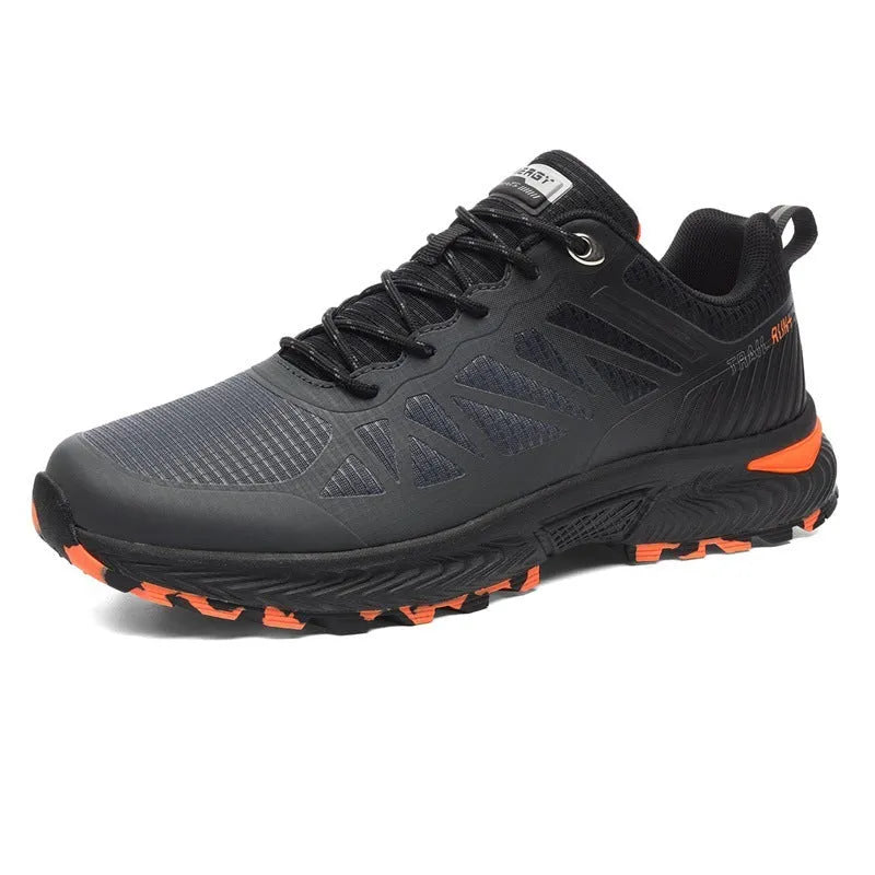 Men's plus size outdoor running shoes with mesh lining in black colour showing round toe shape and lace-up closure