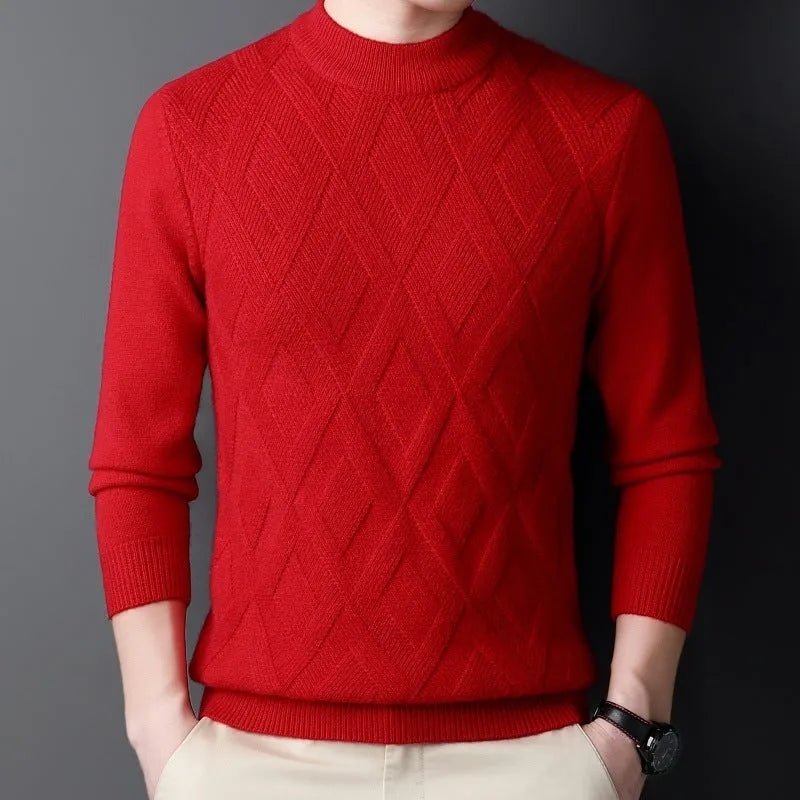 Men's thick winter sweater in diamond jacquard pattern, shown in light camel colour