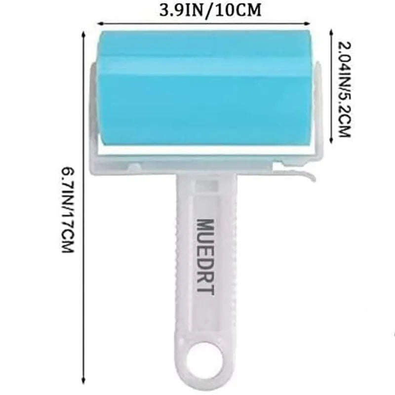 Blue washable reusable lint roller with cover for pet hair removal on fabric.