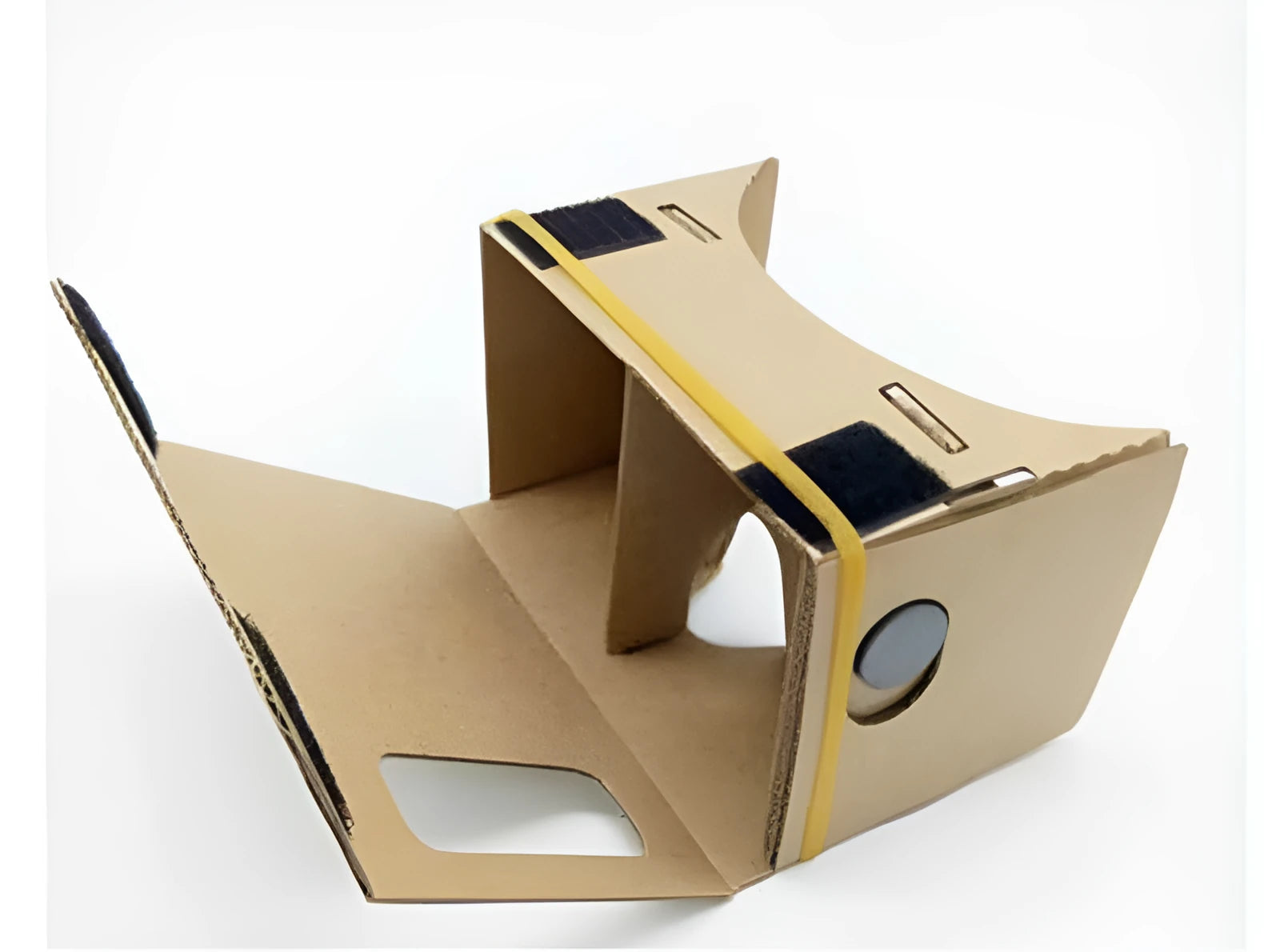 Pink cardboard VR glasses with rubber head strap and 3D lenses for smartphones