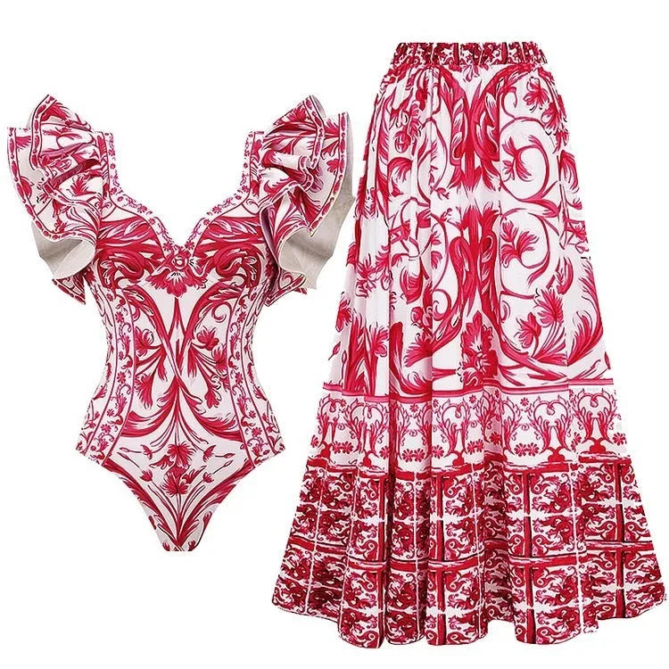 Women's one-piece swimsuit with matching skirt set in polyester fabric available in multiple colours