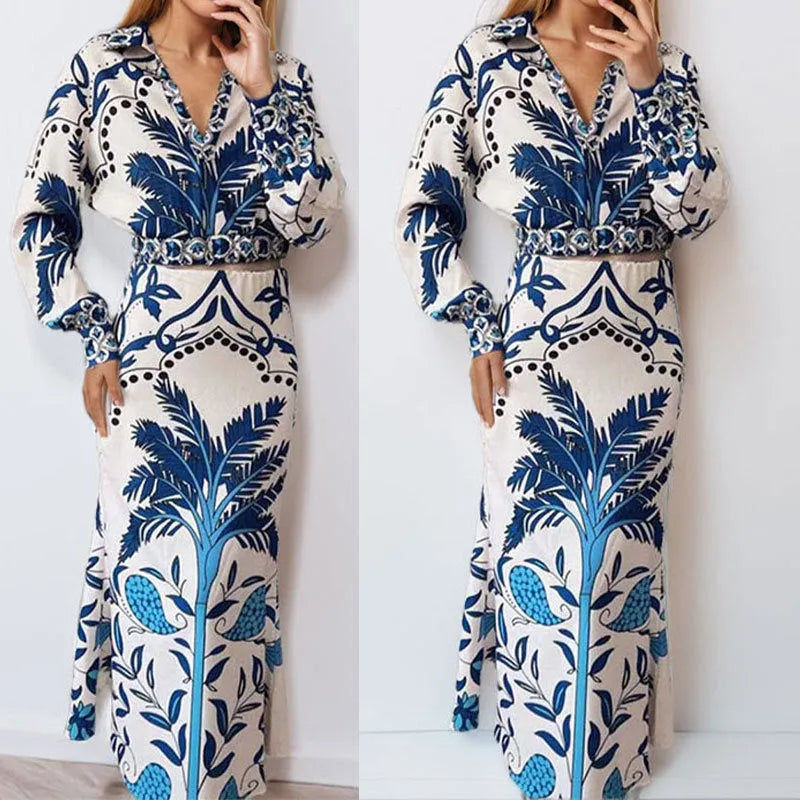Women's floral print co-ord set with long sleeves and long skirt in picture colour