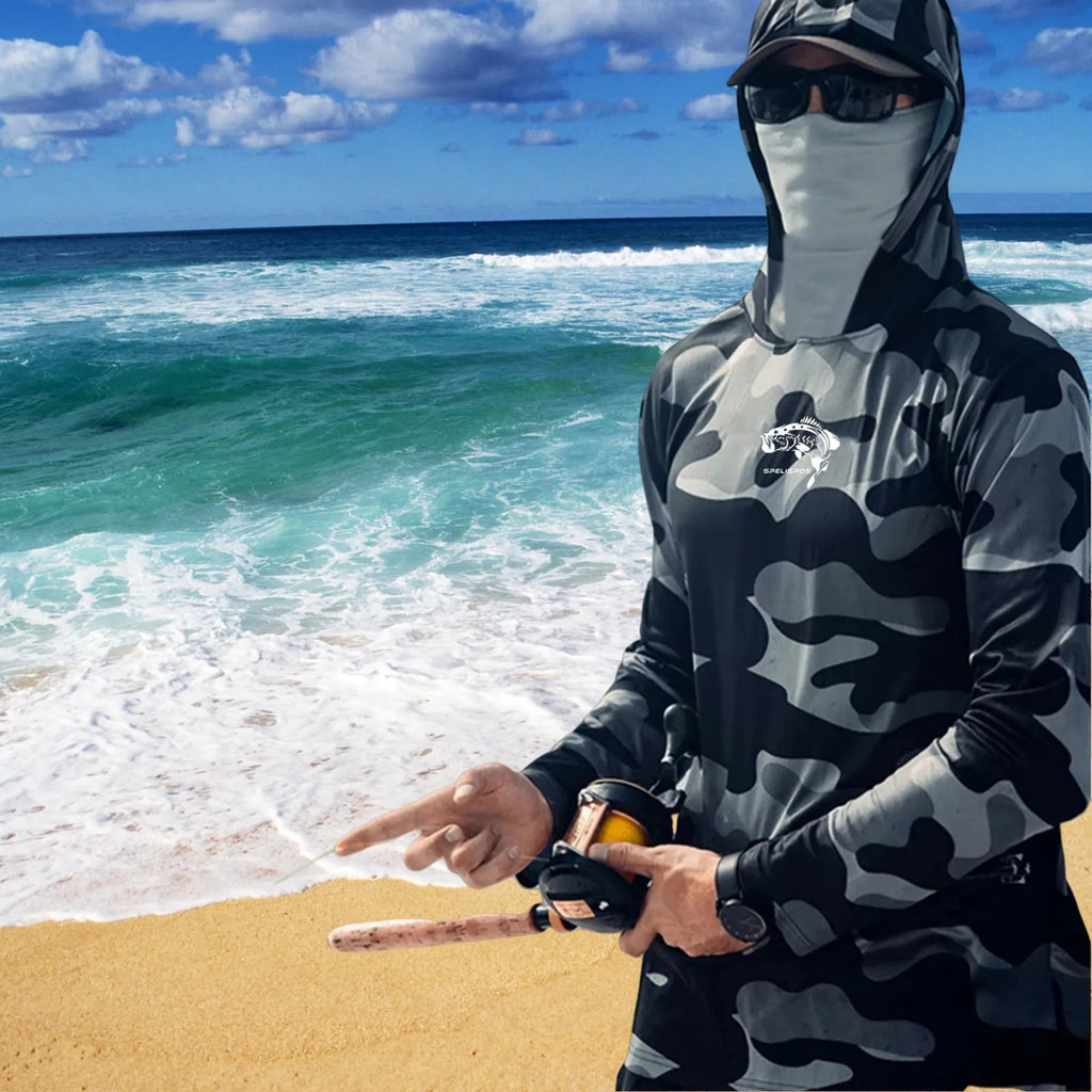 Huk Pursuit men's grey long sleeve fishing hoodie showing mesh side panels and crew neck.