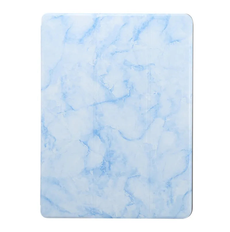 Tri-fold marbling imitation leather iPad case with a visible Apple Pencil slot, shown in dark grey.