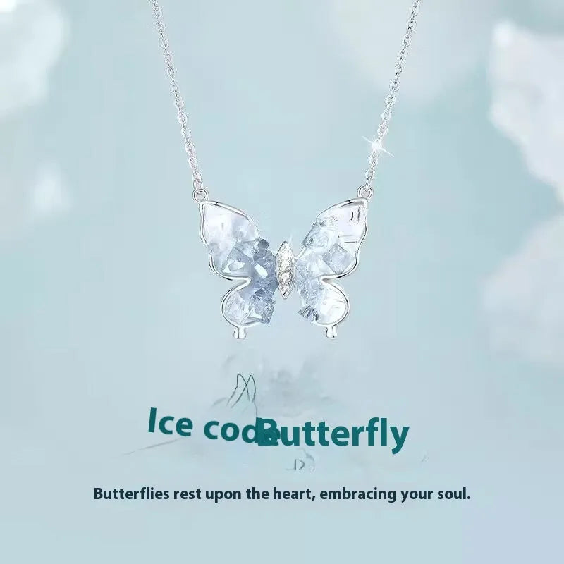 S925 sterling silver Bingyu butterfly necklace with ice rain pendant on O-ring chain