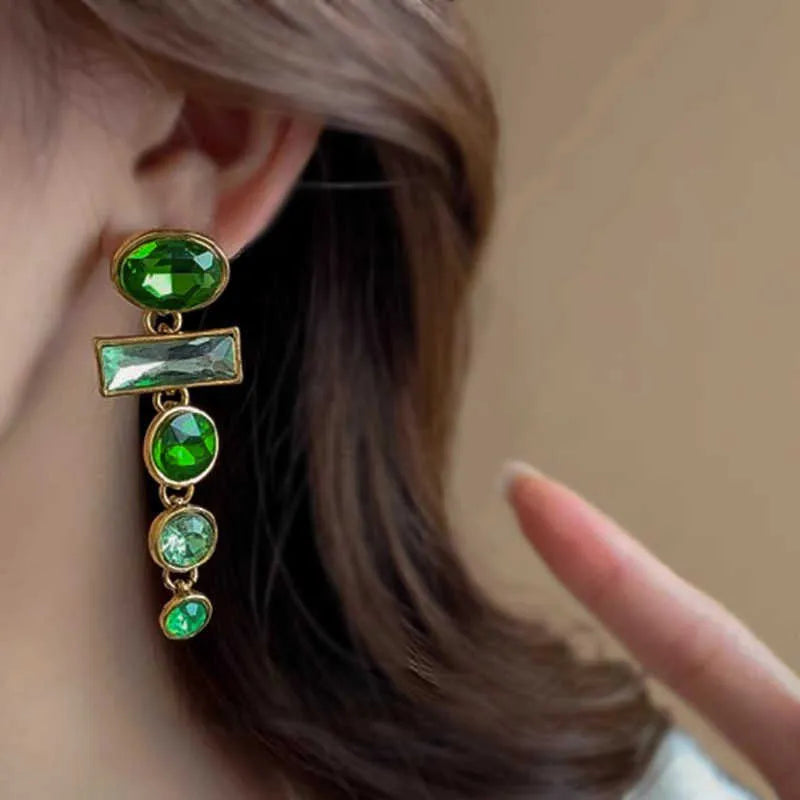 Green gradient geometric earrings with tassels and inlaid zircon detailing, Chinese-style alloy dangle earrings for women.