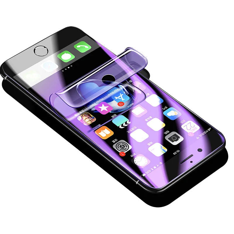 Purple Light hydraulic film screen protector for curved Samsung S10 S9 S8 phones on a matte surface.