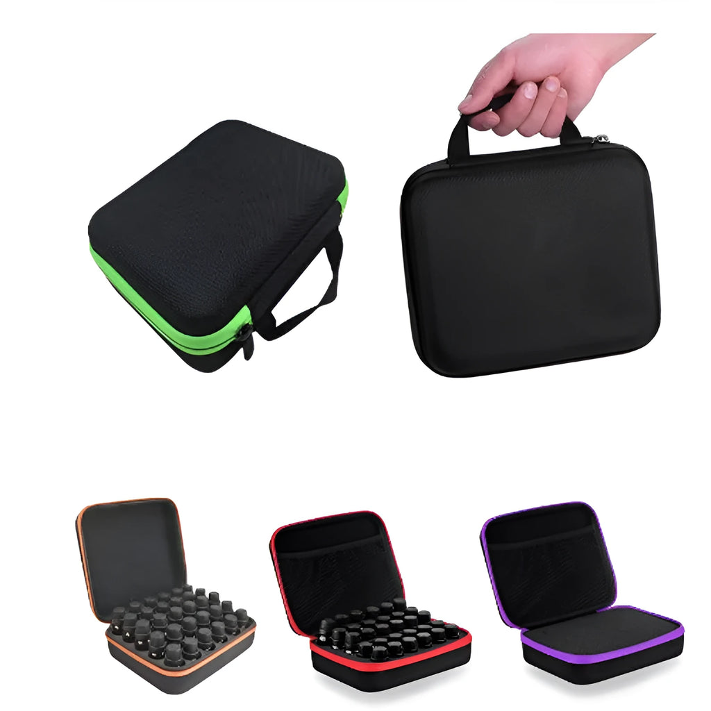 Red EVA essential oil storage bag with 30 compartments for 15ml bottles, cube shape with zipper
