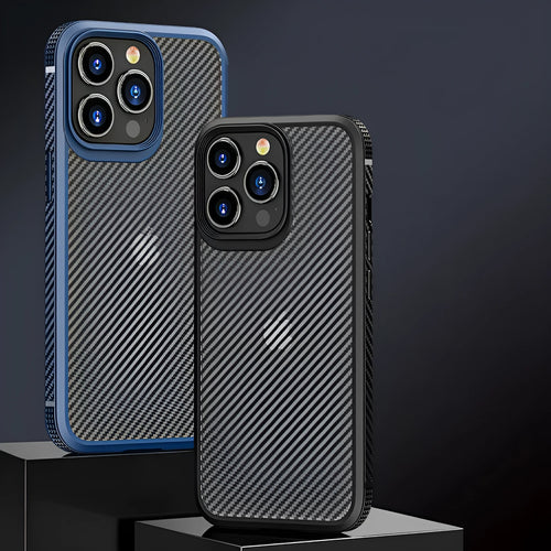 Black anti-fall protective phone case for Apple iPhone 13 models with a carbon fibre pattern.