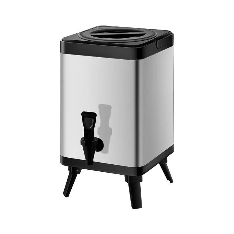Silver stainless steel milk tea bucket with square lock design showing 8 litre capacity
