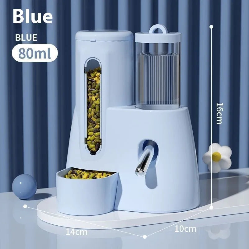 White, blue, and pink hamster automatic drinking water feeder with food basin for small pets