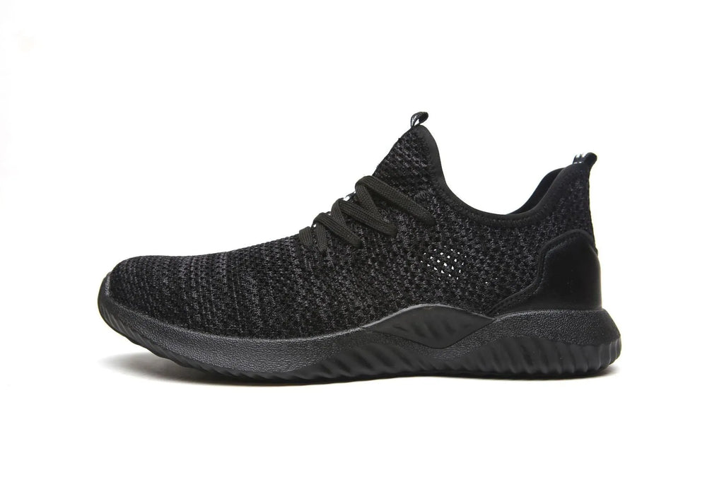 A pair of low-top work safety shoes with a steel toe cap, shown in black, grey, or dark green.