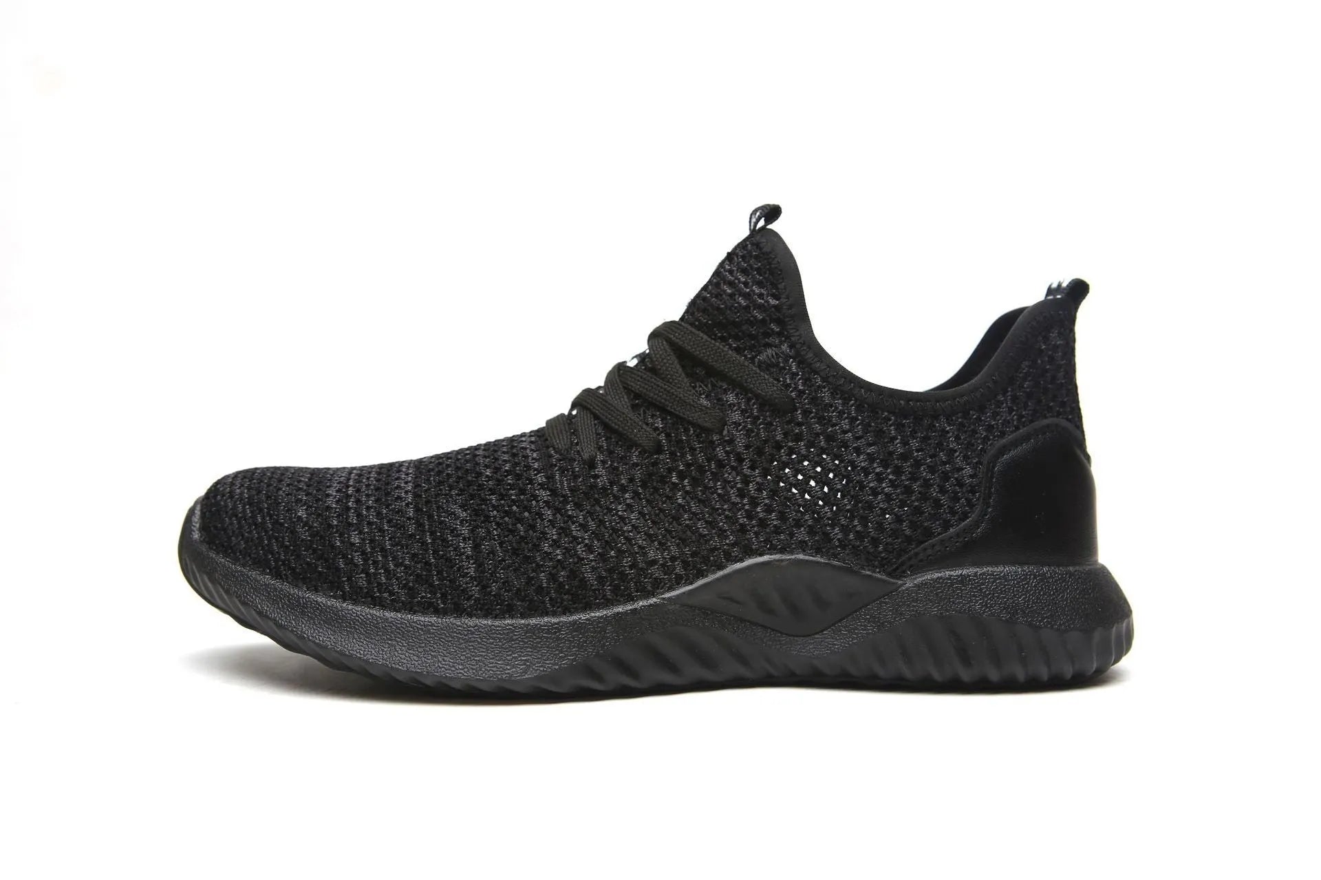 A pair of low-top work safety shoes with a steel toe cap, shown in black, grey, or dark green.