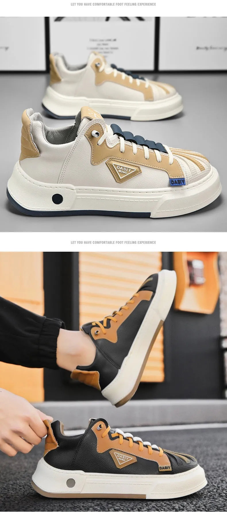 Men's beige low-top casual sneakers with elastic band and leather stitch details on microfiber upper.