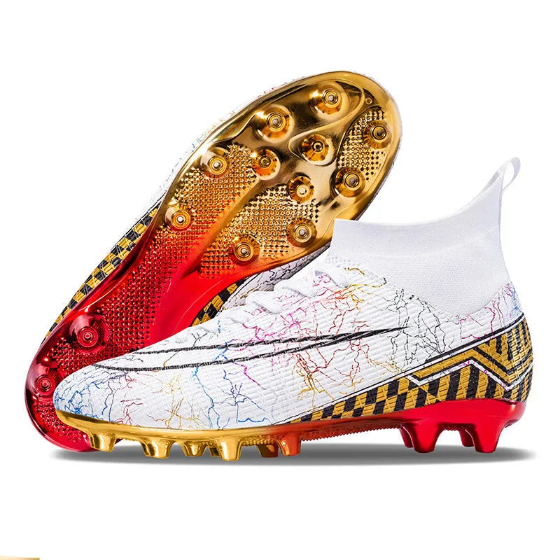 Men's high-top football shoes with gold plated sole in white, black, and mandarin duck colours.