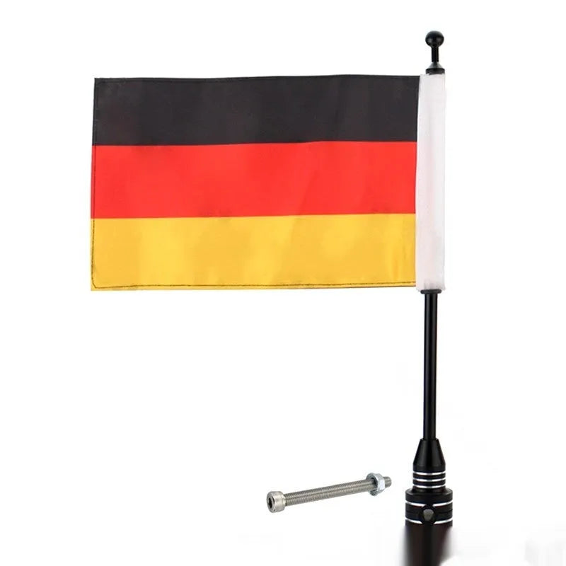 Motorcycle rack-mounted flagpole with German flag design in black or silver finish for side box or luggage rack attachment