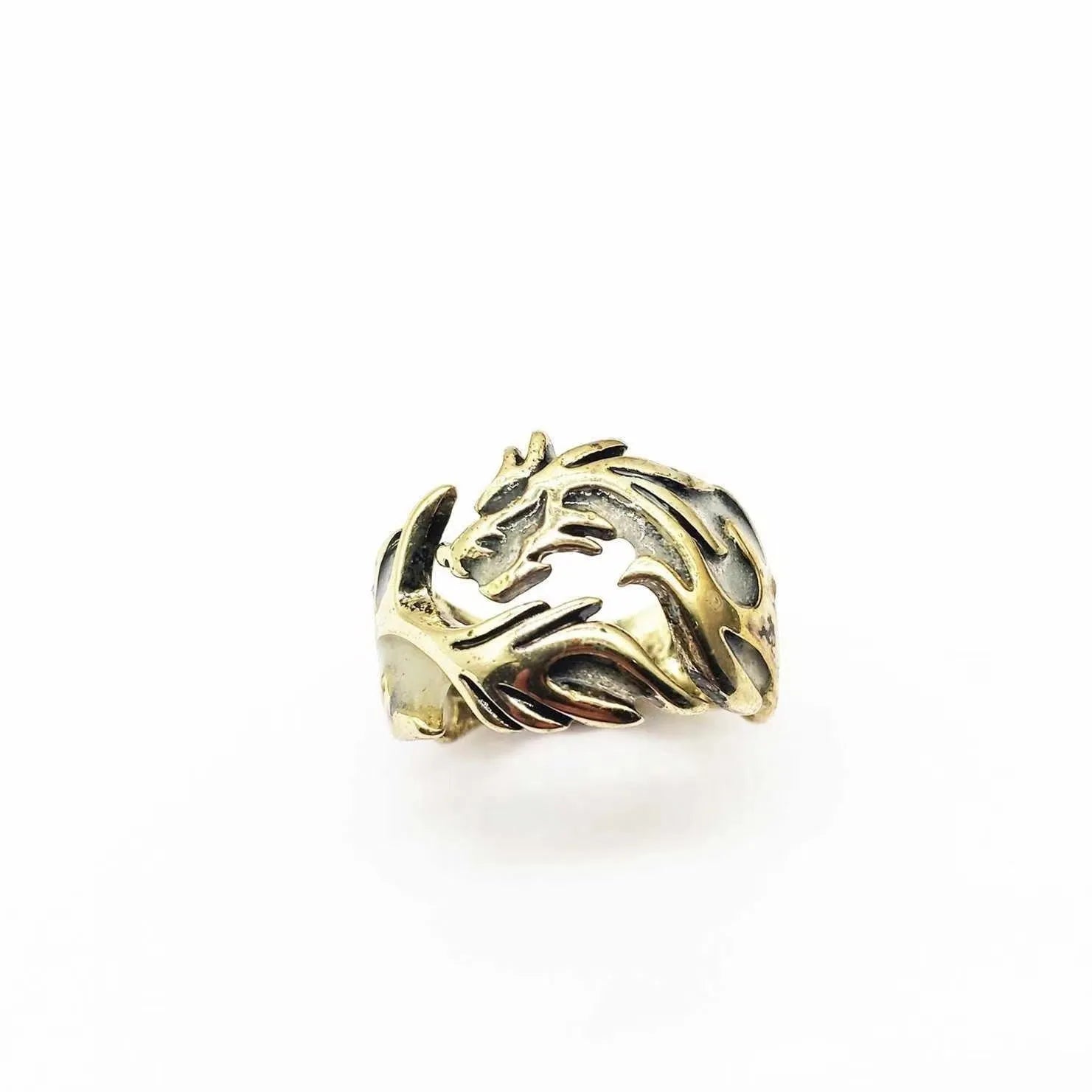 Chinese style luminous dragon pattern adjustable ring in antique silver blue and green colour.