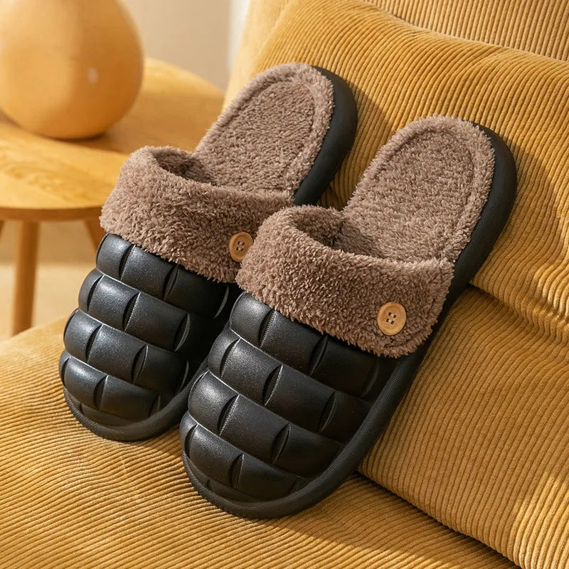 Women's EVA plush house slippers with detachable sleeves in pink, showing slip-on and overshoe wearing modes