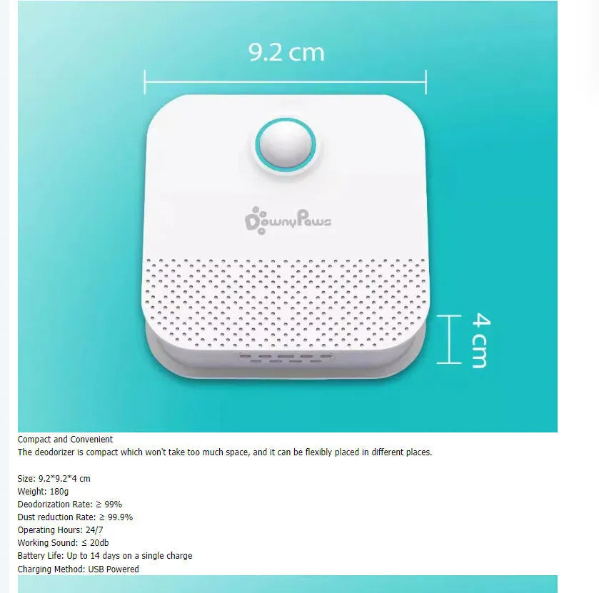 White DownyPaws smart cat litter odour purifier with compact square design and USB charging port.