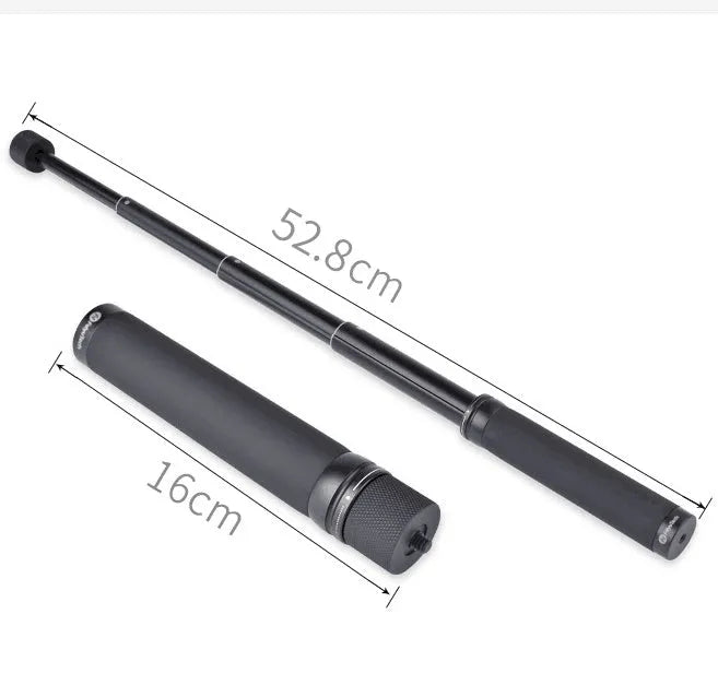 Black retractable selfie stick with adjustable phone mount extended to full length