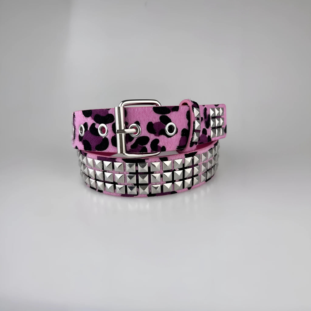 Women's punk hip hop belt with metal rivets and animal print pattern in brown leopard, rose red, or white zebra.