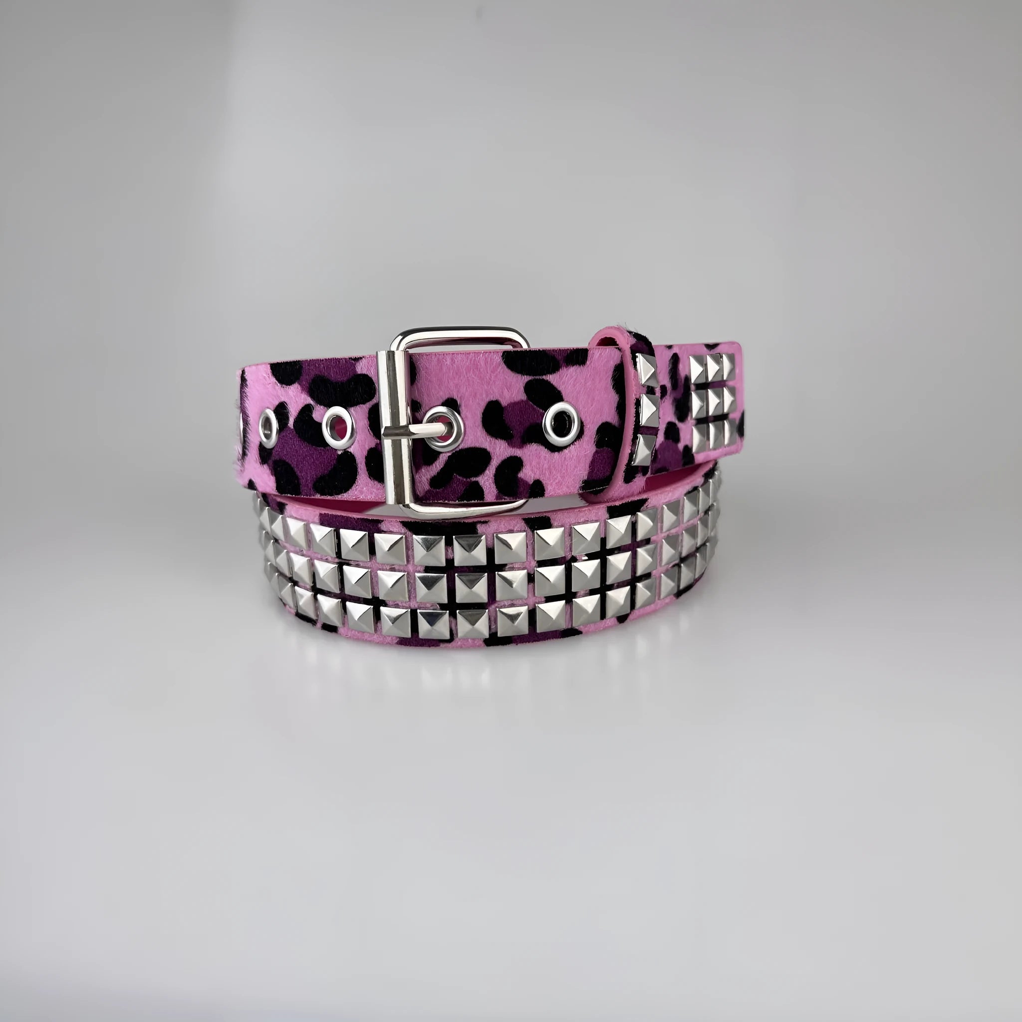 Women's punk hip hop belt with metal rivets and animal print pattern in brown leopard, rose red, or white zebra.
