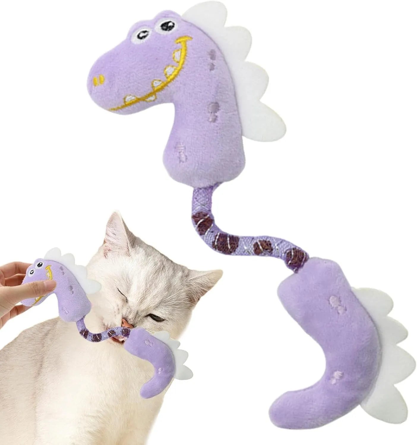 Four different cat chew toys including rope, spring, and plush kicker types in pink, purple, or yellow colours