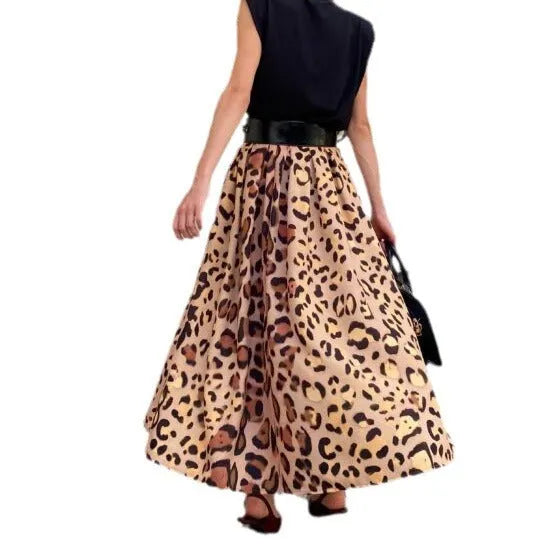 Brown leopard print women's A-line long skirt with big hem and non-stretch polyester fabric