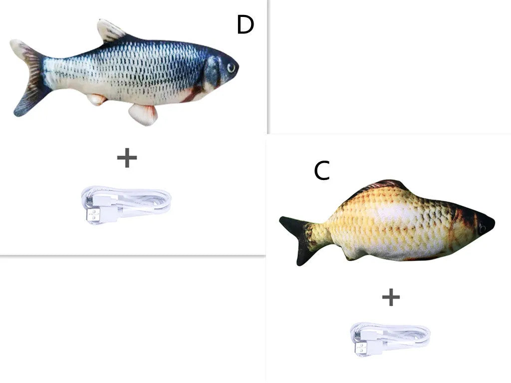Electric jumping fish simulation cat toy showing multicolor options and USB charging cable.