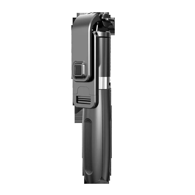 Black and white Bluetooth selfie stick with wireless remote, shown extended next to its compact tripod base.