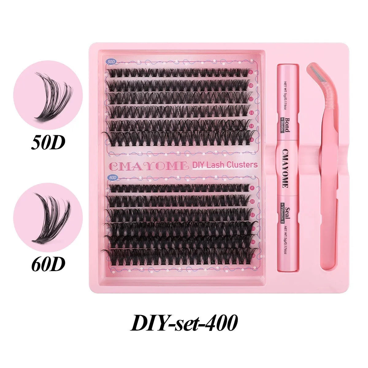 DIY single cluster individual false eyelashes set on white background, showing thick mixed split type artificial fibre lashes.