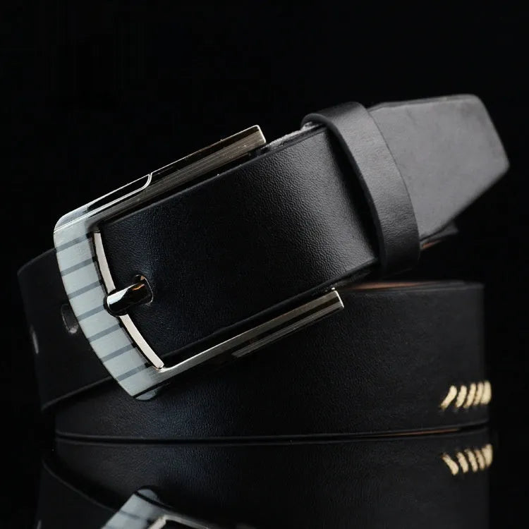 Men's retro style casual belt with pin buckle and pattern detail on imitation leather strap.