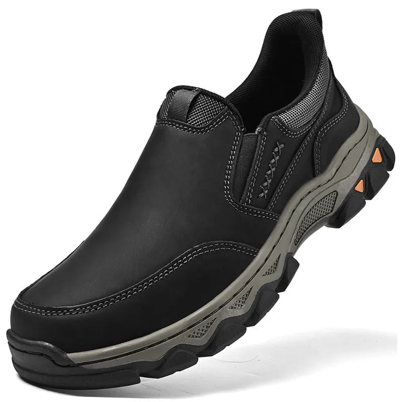 Men's casual shoes with rubber soles and PU upper in dark brown, black and grey colours