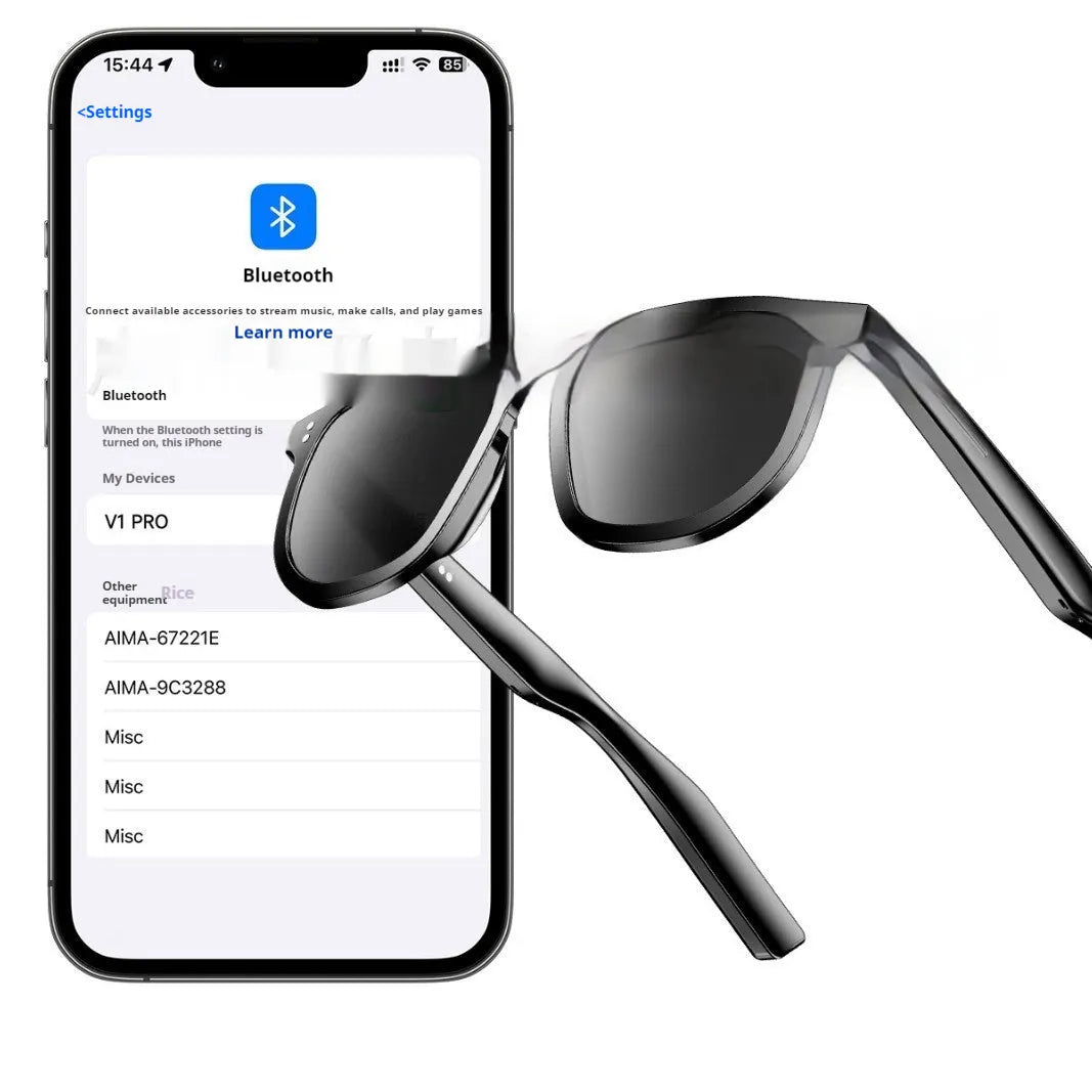 Black AI smart glasses with Bluetooth audio and sunglass lenses featuring touch control operation