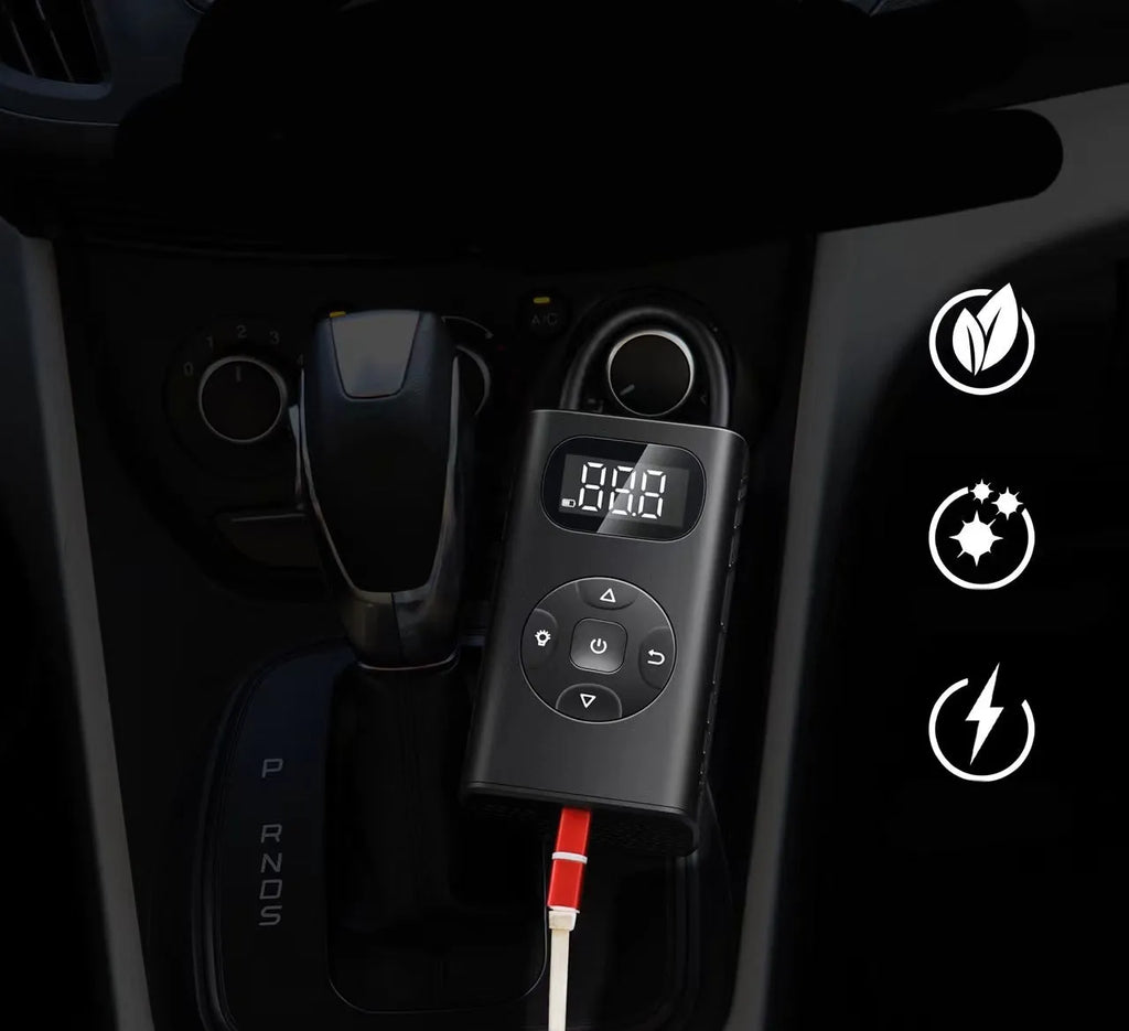 Black portable electric air compressor power bank with USB cable for tyre inflation