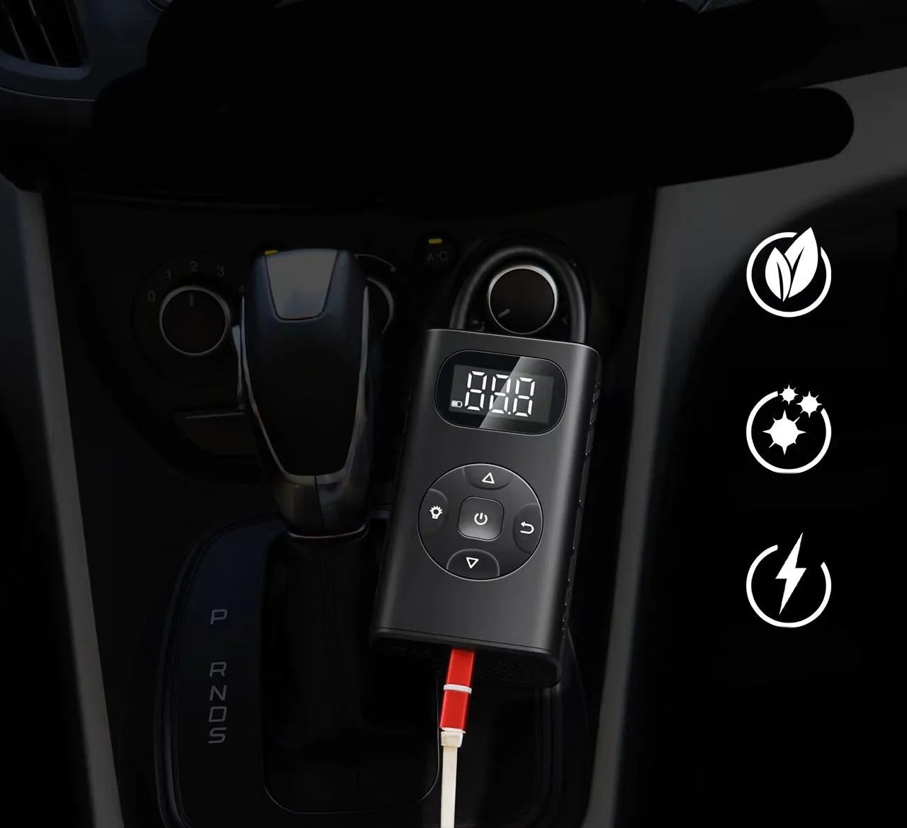 Black portable electric air compressor power bank with USB cable for tyre inflation