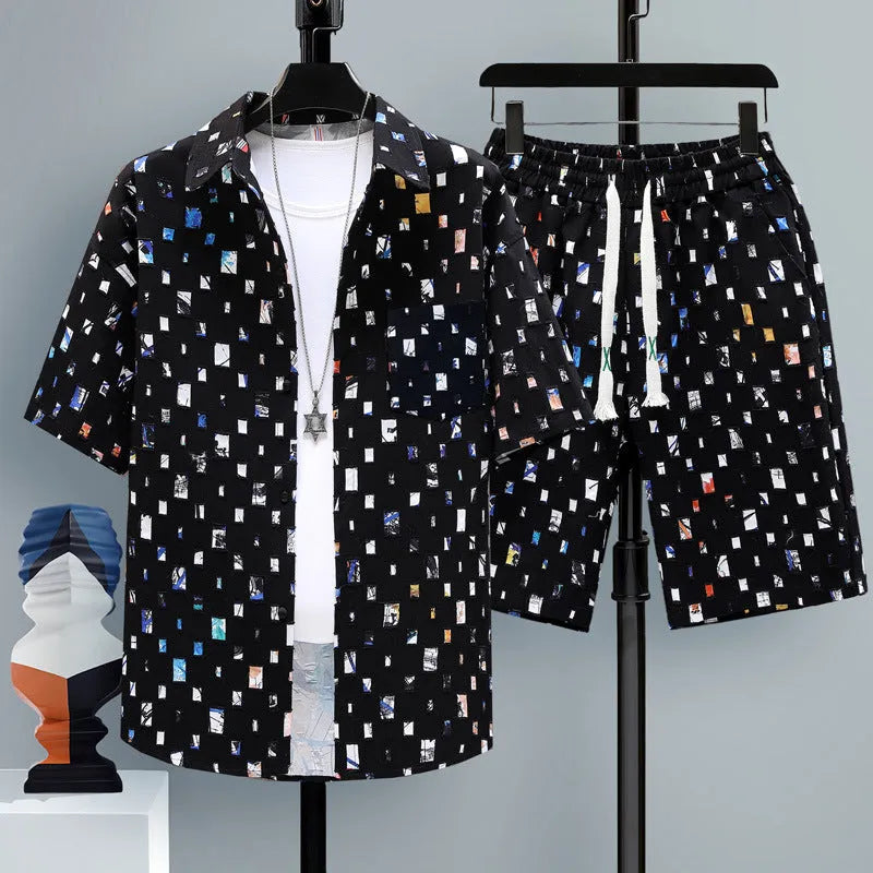Men's casual sportswear two-piece set with short sleeve top and matching shorts in polyester fabric